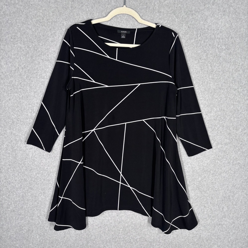 Alfani‎ Babydoll Tunic Top Small Asymmetric Slinky Liquid Knit Abstract Artsy